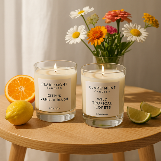 Clare’ Mont Candles Citrus Vanilla Blush and Wild Tropical Florets displayed on a sunlit wooden table with summer flowers and fresh citrus fruits.