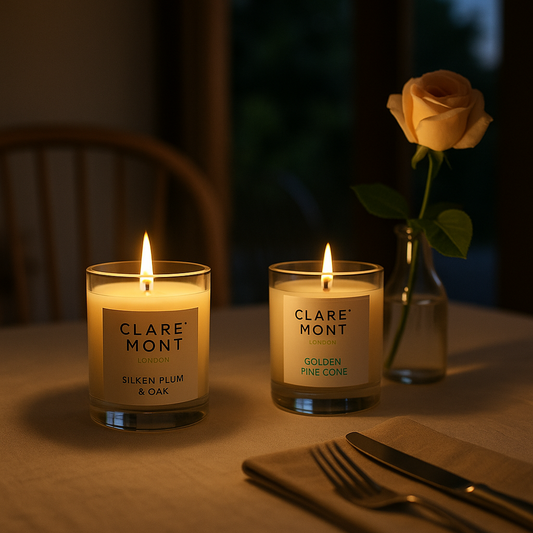 A candlelit summer evening table setting featuring Clare’ Mont Candles’ Silken Plum & Oak and Golden Pine Cone fragrances, with a pale pink rose in a vase, soft napkin, and twilight background.