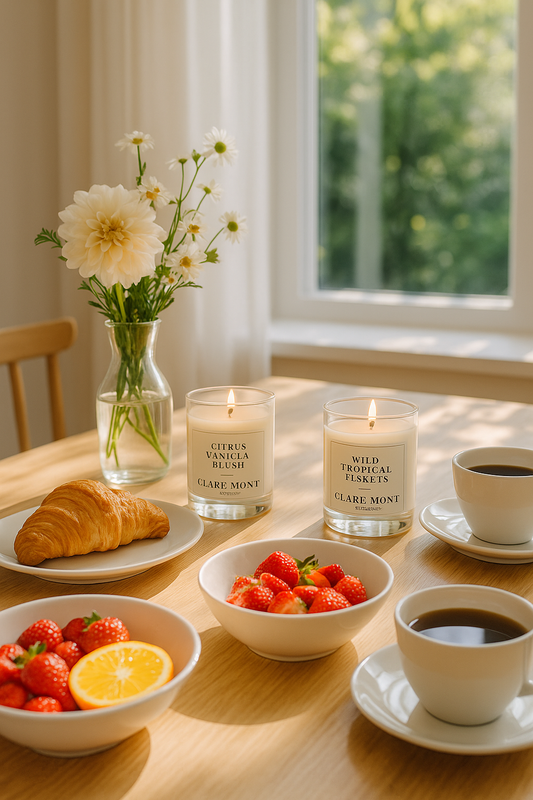 A bright summer morning scene with Clare’ Mont Candles’ Citrus Vanilla Blush and Wild Tropical Florets placed on a sunlit breakfast table beside fresh fruit, coffee, and flowers.