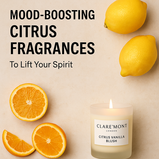 A Clare` Mont Candle with oranges and lemons on a beige background