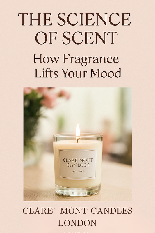 Close-up of a Clare’ Mont Candles candle burning on a table, with a blurred background of flowers and natural light, symbolising mood enhancement through fragrance.