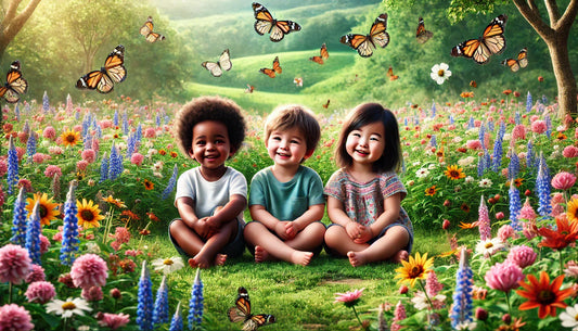 Three diverse children sitting together in a lush green environment representing sustainability and eco-friendly future