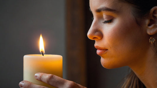 Woman smelling a 100% Soy Wax scented candle