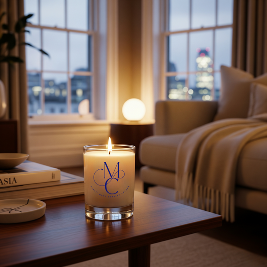 Clare` Mont Candle sitting on a brown coffee table at nght with the London Cityscape in the background