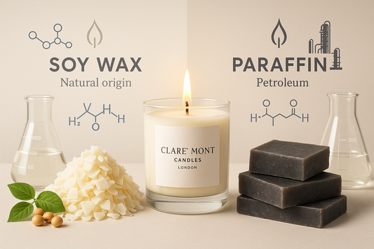Clare` Mont Candles London soy wax science comparison showing natural soy wax benefits vs paraffin for artisan candle making