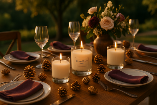 A candlelit summer evening table setting featuring Clare’ Mont Candles’ Silken Plum & Oak and Golden Pine Cone fragrances, with a pale pink rose in a vase, soft napkin, and twilight background.