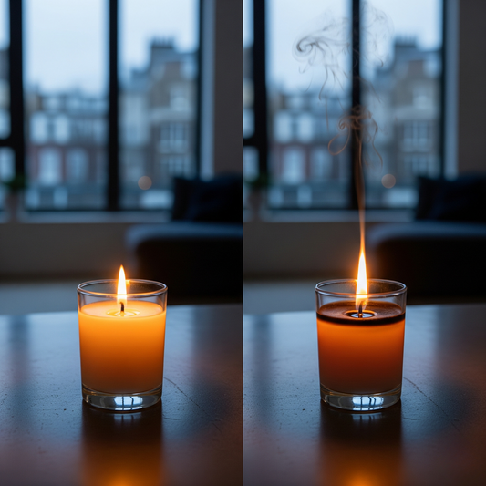 Side by side comparison of soy wax and paraffin candles burning in London flat showing clean soy flame versus sooty paraffin flame with air quality difference