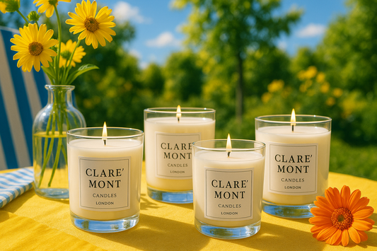 Four candles on a table with a yellow tabelecloth, a vase with flowers in it and blurred trees in the background
