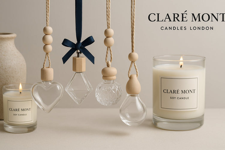 Clare` Mont Candles London diffusers collection featuring unique mini hanging diffusers heart diamond crystal orb shapes with wood details
