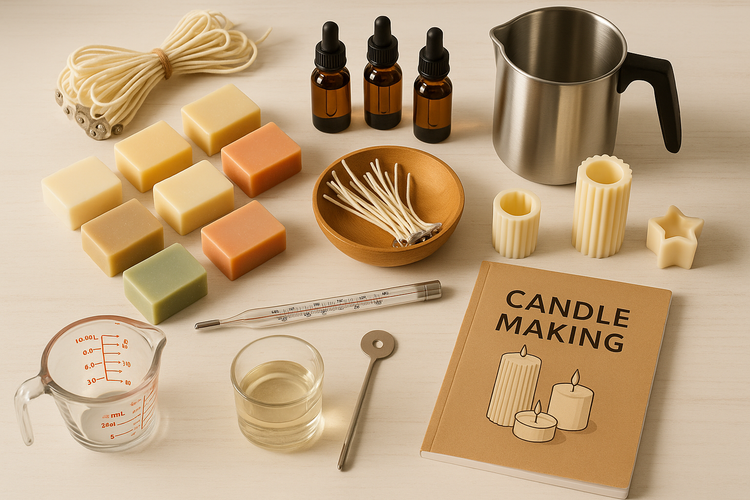 Candle making supplies arranged on white wooden table including colorful wax blocks, wicks, essential oil bottles, measuring tools, thermometer, melting pot, and instructional guides for candle crafting