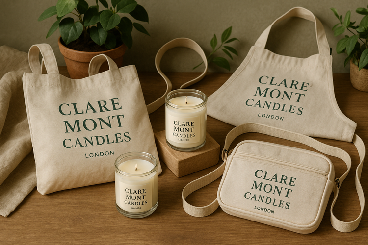 Clare` Mont Candles London eco-friendly accessories collection featuring organic cotton tote bags crossbody bags apron sustainable styling