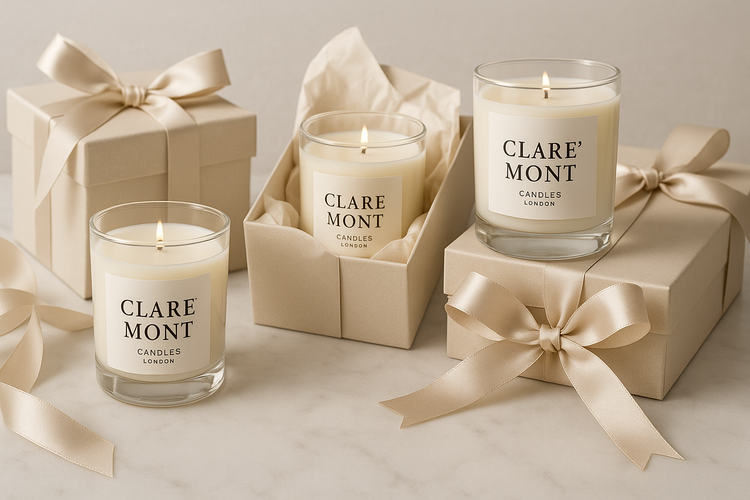 Clare` Mont Candles London gift sets collection featuring luxury clear glass jar soy candles with elegant gift wrapping ribbons