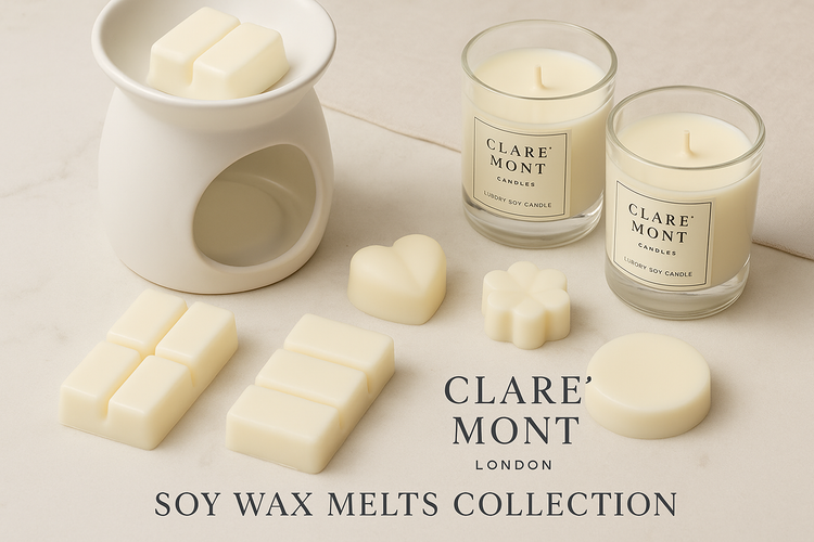 Clare` Mont Candles London soy wax melts collection featuring flame-free fragrance alternatives with wax warmer and luxury candles