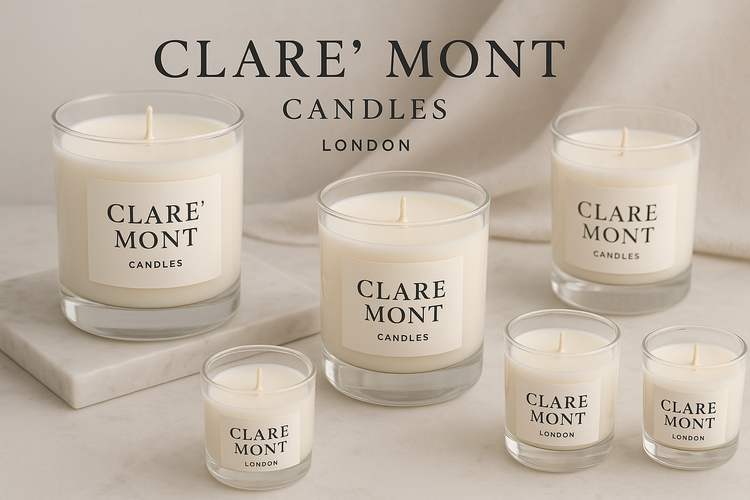 Clare` Mont Candles London soy wax candles collection featuring luxury clear glass jar candles with cream soy wax artisan quality