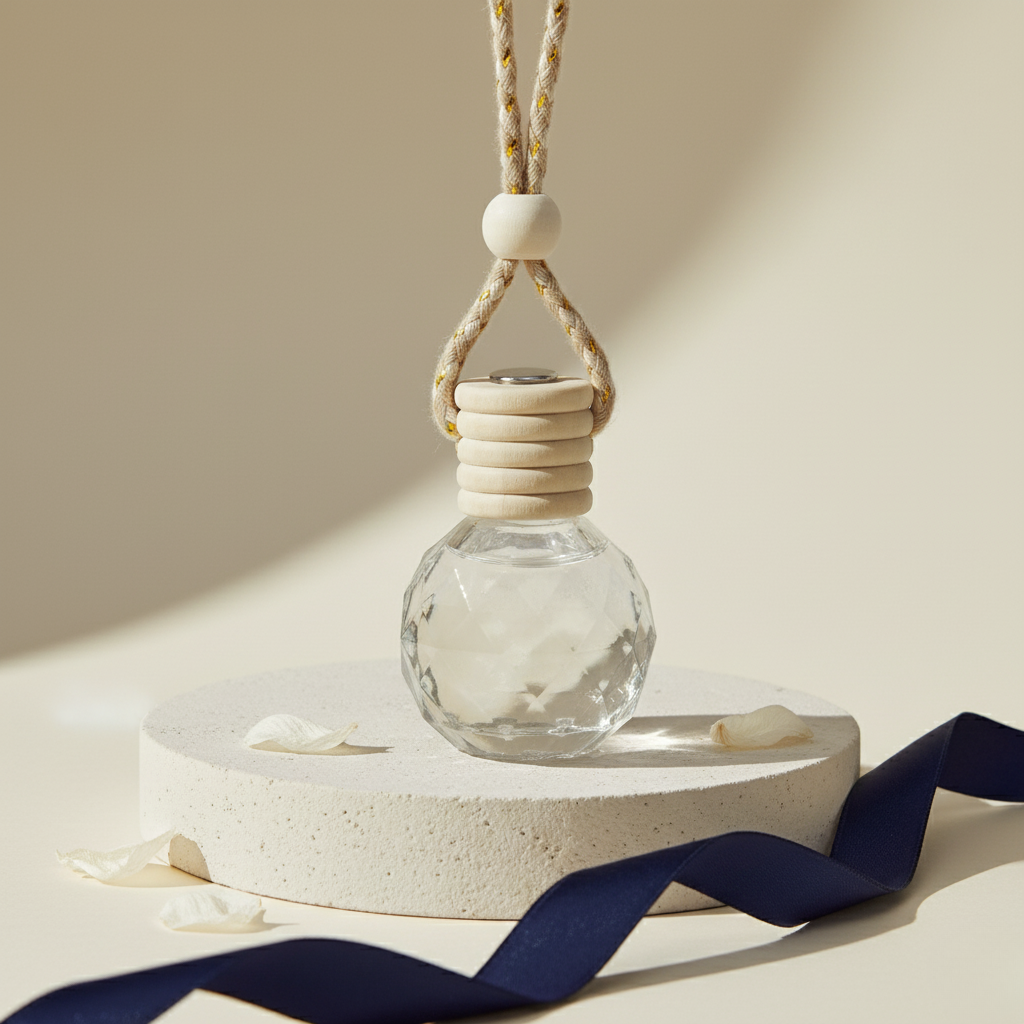 Glass diffuser with wooden top on a beige platform with a blue ribbon