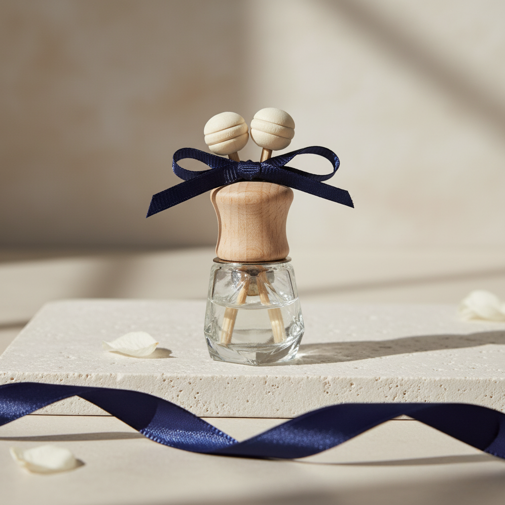 Small glass bottle with wooden top and blue ribbon on a light surface