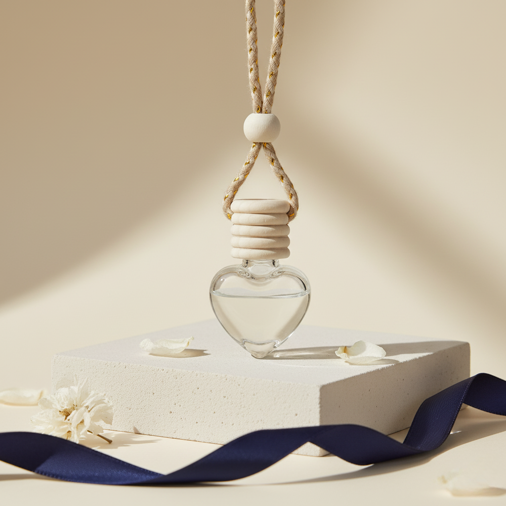 Heart-shaped glass pendant with a wooden bead on a neutral background