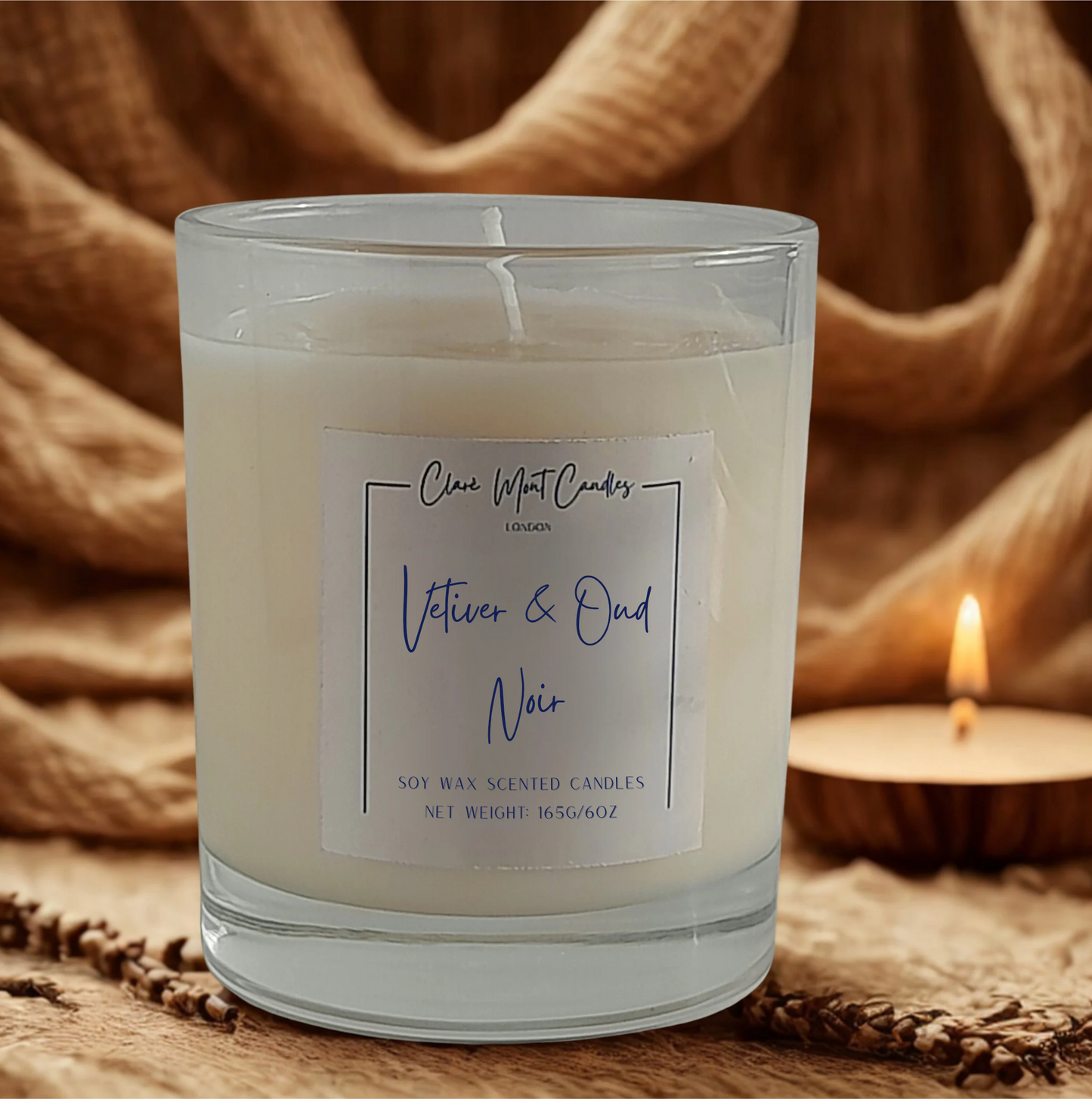 Scented candle with a label on a textured background