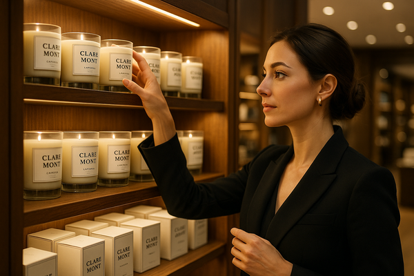A woman in a store looking to buty a candle. She seese Clare` Mont Candles on a shelf and angles to pick one up. Make the image as photoreal as possible please