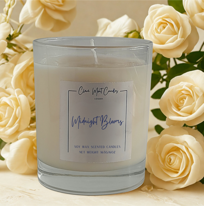 Candle labeled 'Midnight Blooms' surrounded by white roses