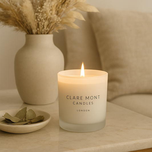 Clare` Mont Candles on a side table with a vase and a flat dish of basil leaves