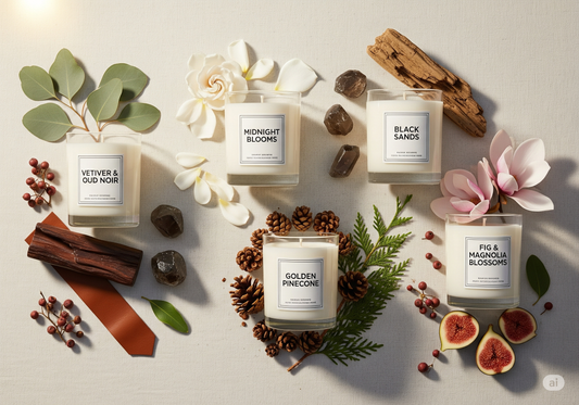 Luxury flatlay of Clare’ Mont Candles Autumn/Winter Collection in clear glass jars with white wax, styled with seasonal botanicals on an off-white background.