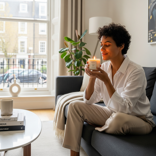 "Person with allergies safely enjoying luxury soy candle in London flat, clear air quality, comfortable breathing, allergen-free home environment