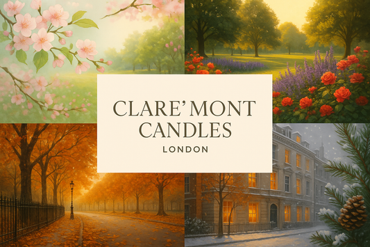 Four seasons of London depicted in quadrants with Clare` Mont Candles London seasonal scenting guide - winter, spring, summer, autumn candles