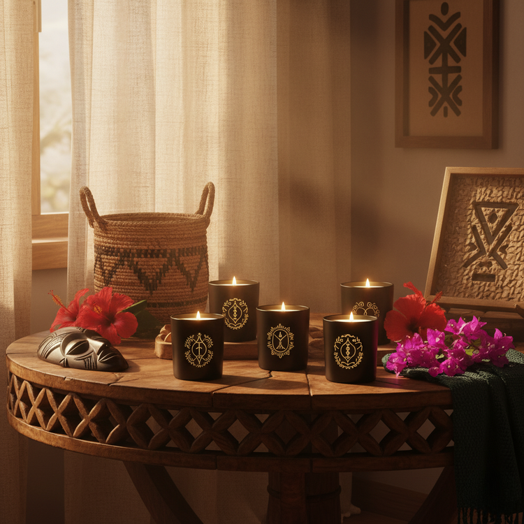 Heritage candle display on a wooden table
