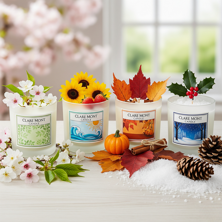 Four candles depicting the seasons: spring, summer, autumn and winter