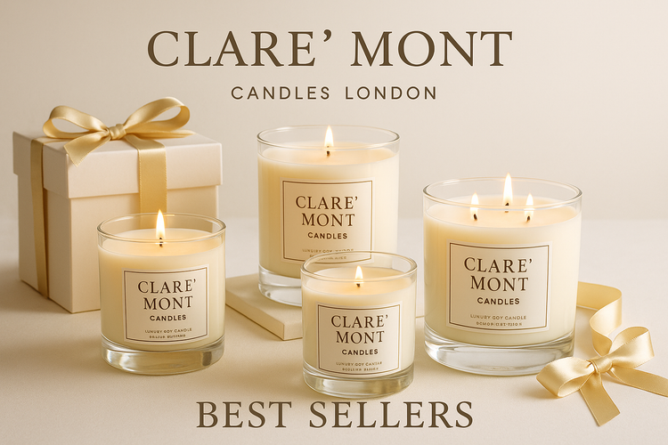 Clare` Mont Candles London best sellers collection featuring most popular luxury clear glass jar soy candles with premium presentation