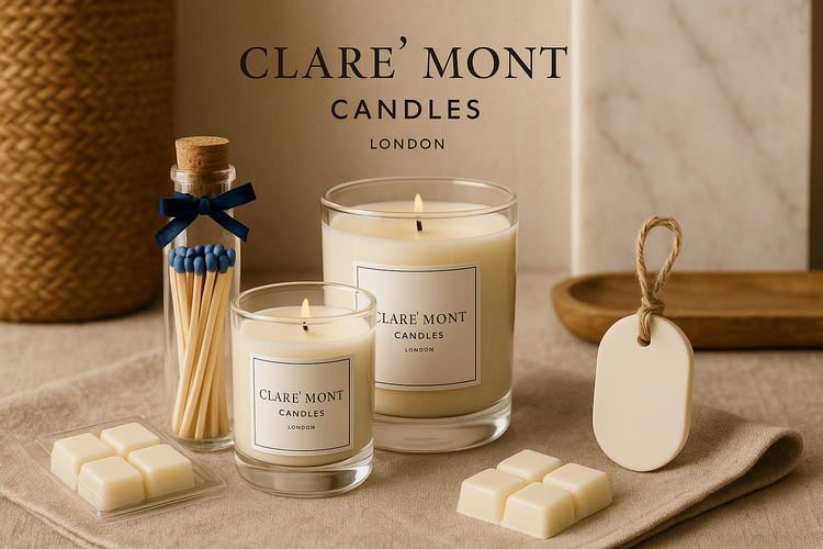 Clare` Mont Candles London home fragrance accessories collection featuring luxury soy candles with wax melts aroma tags blue tip matches