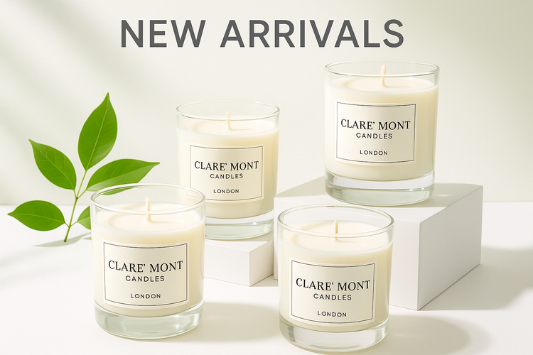 Clare` Mont Candles London new arrivals collection featuring latest luxury clear glass jar soy candles with fresh contemporary styling
