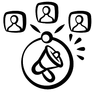 Black and white icon of a megaphone with three user icons around it.