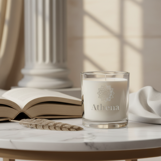 The Athena candle on a marble table, sitting next to a book and an owl feather with a column in the background