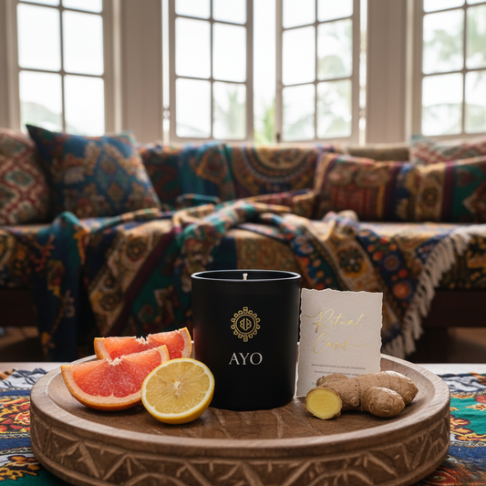Black candle with 'AYO' branding on a wooden table in a living room setting.