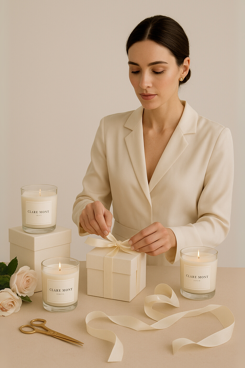 Woman in a cream suit wrapping beautiful bespoke candle gifts for her wedding guests