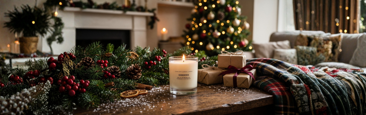 Clare Mont Candles Christmas Scene featuring our signature scent, Gardenia with tree in the background