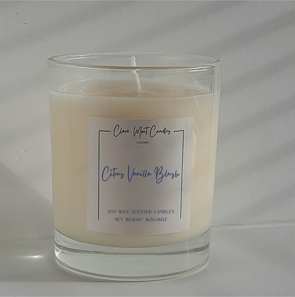 Clare` Mont Citrus Vanilla Blush 6oz soy candle with branded label - vegan citrus vanilla fragrance candle
