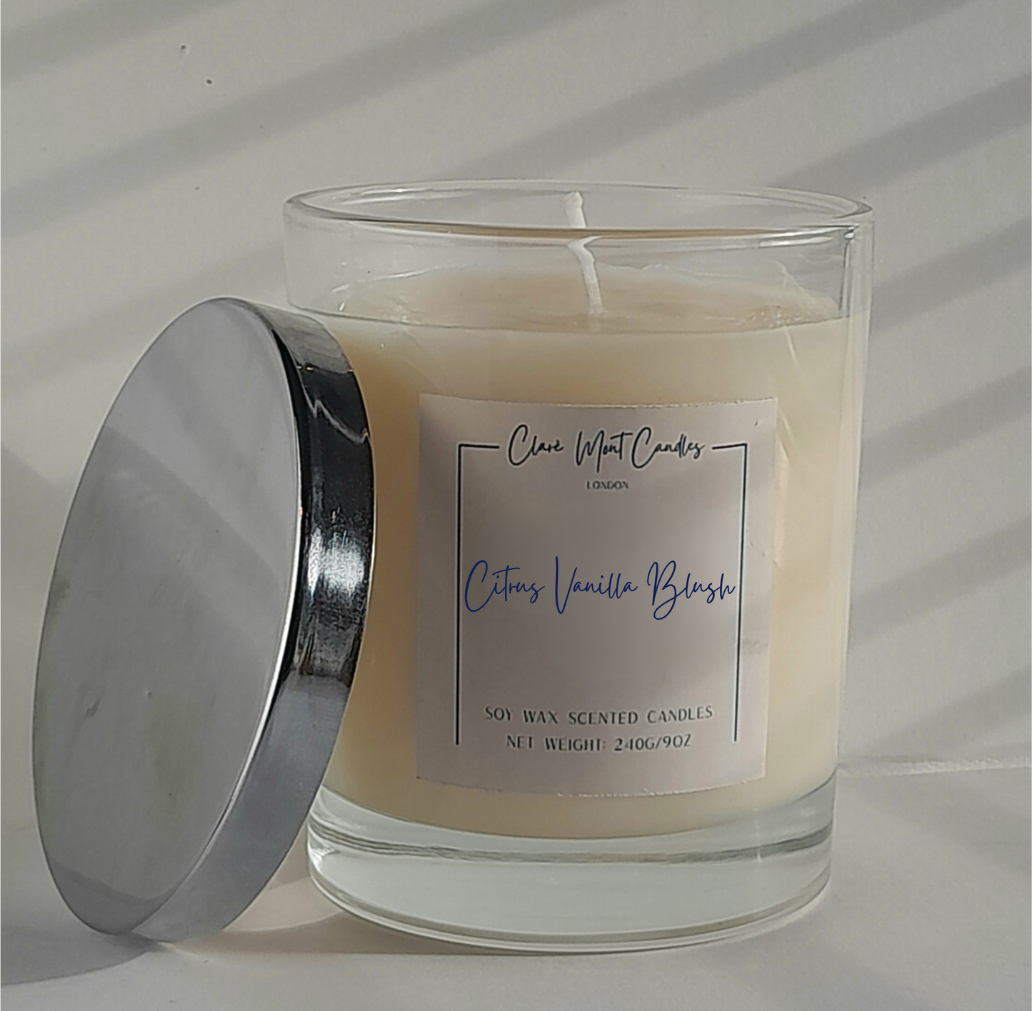 Clare` Mont Candles Citrus Vanilla Blush luxury soy candle with silver lid - handcrafted citrus vanilla scented candle London