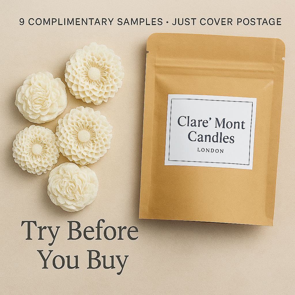 Clare’ Mont wax melt samples arranged in a soft neutral flat-lay with branded packaging