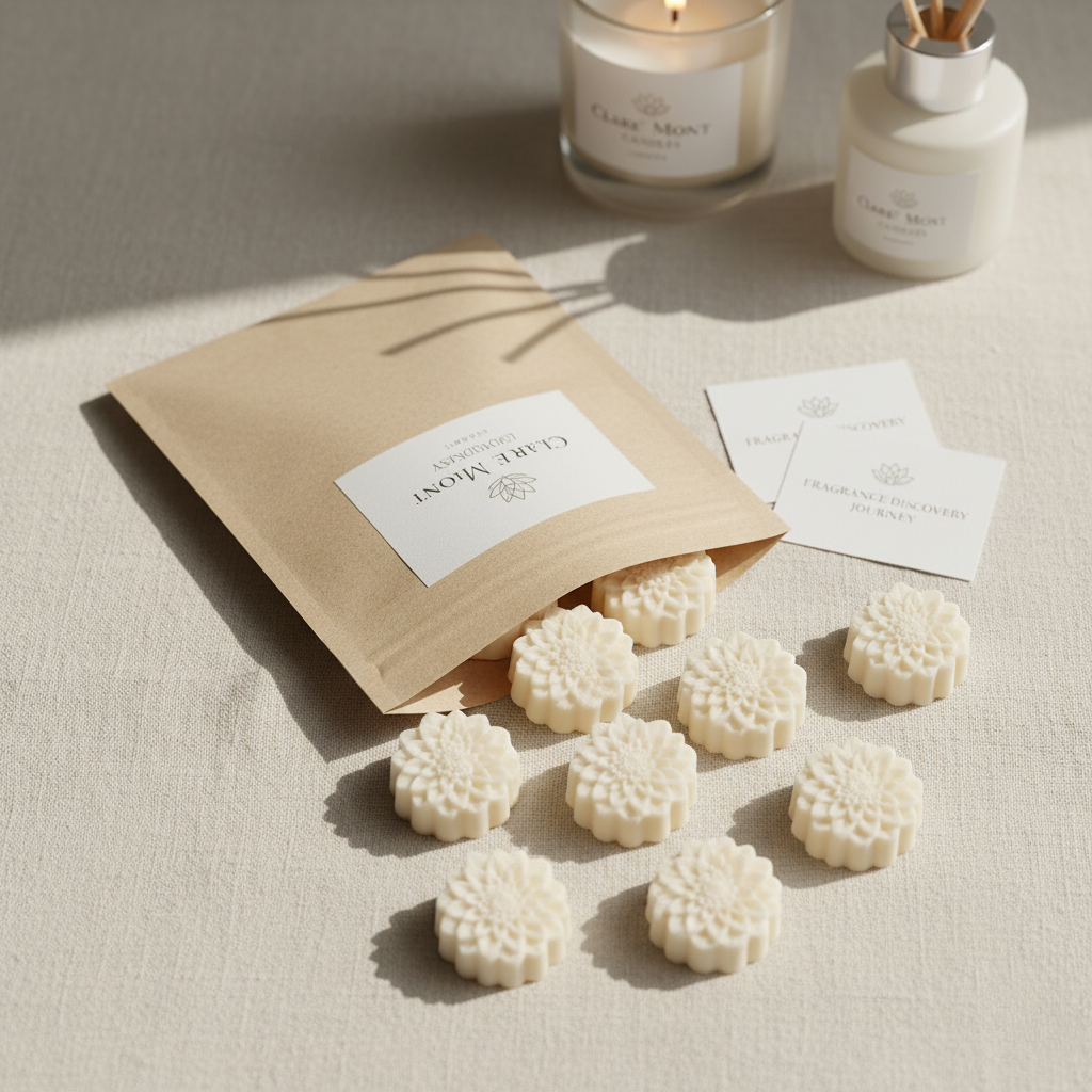 White wax melts on a beige surface with a brown paper bag and 'Candle Melt' products in the background.
