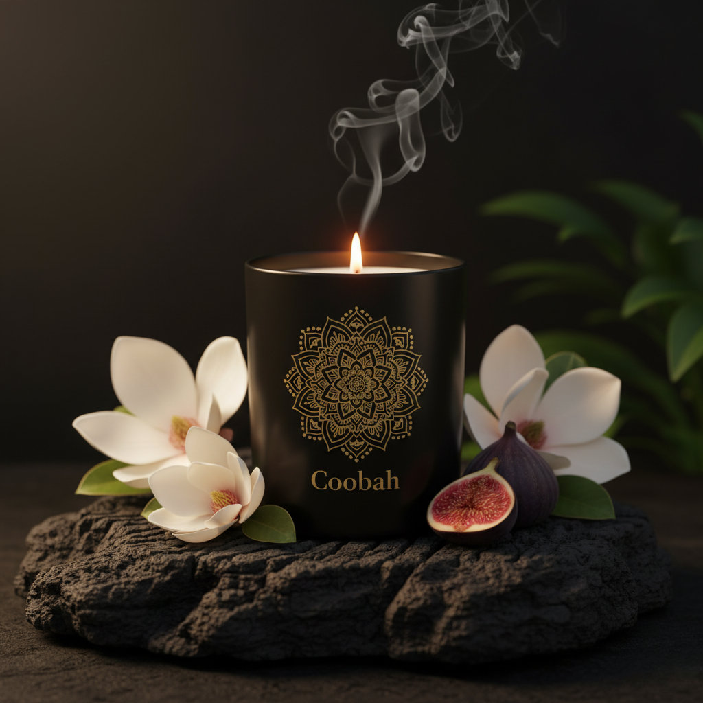 Black candle with 'Coobah' branding, surrounded by white flowers and a fig on a dark background
