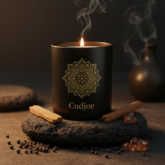 Black candle with gold design and 'Cudjoe' branding, surrounded by cinnamon sticks and spices on a dark background.