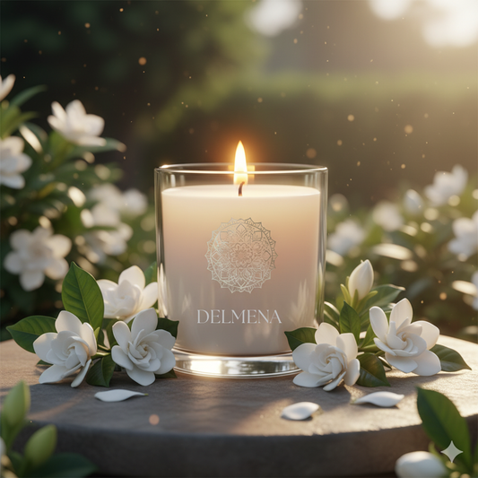 Candle with Delmena logo on a wooden surface surrounded by white flowers