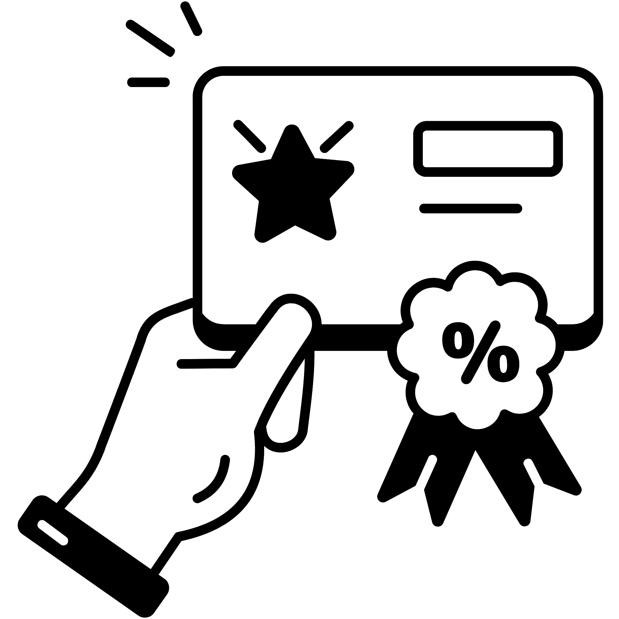 Hand holding a tablet with star rating and percentage symbol on a white background