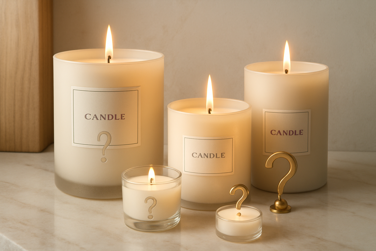 Set of candles with question marks on labels on a marble surface