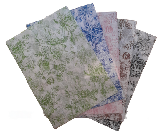 Set of floral patterned paper sheets on a white background