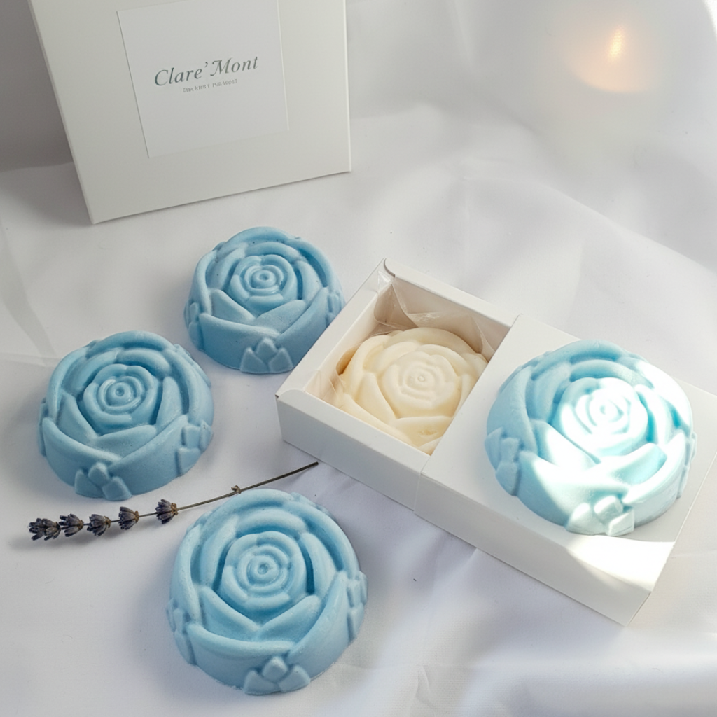 Giant Floral wax melts on a white silk tablecloth 