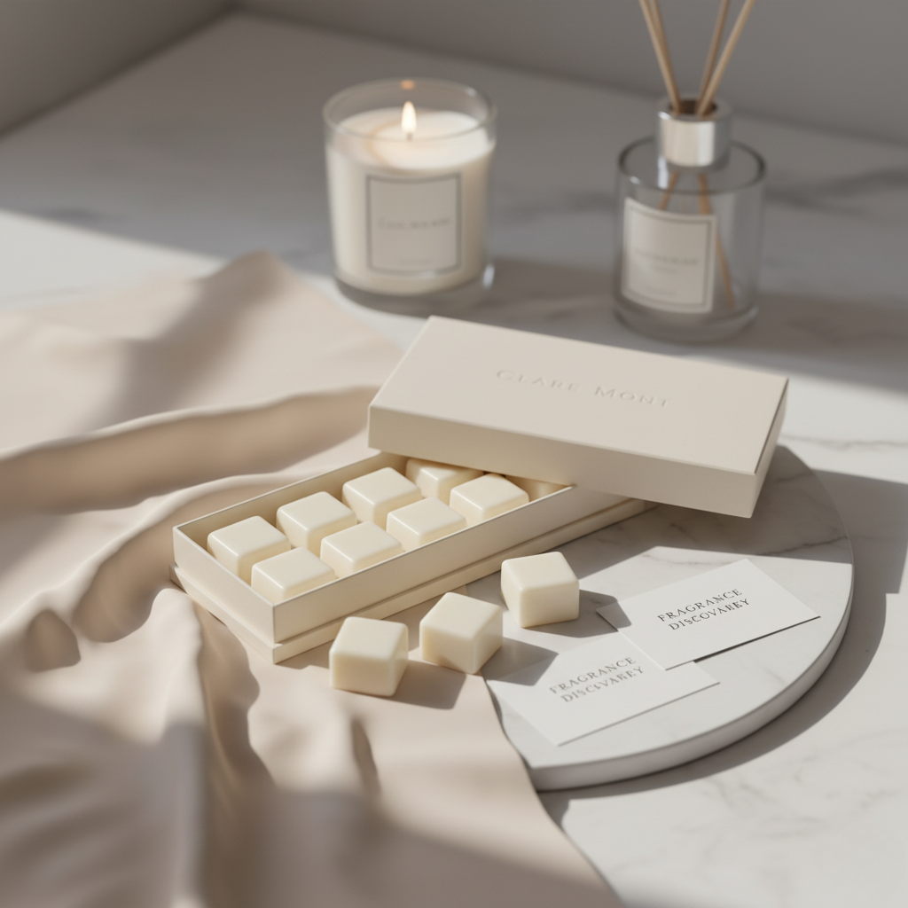 Set of white cubes in box with a candle and diffuser in the background.